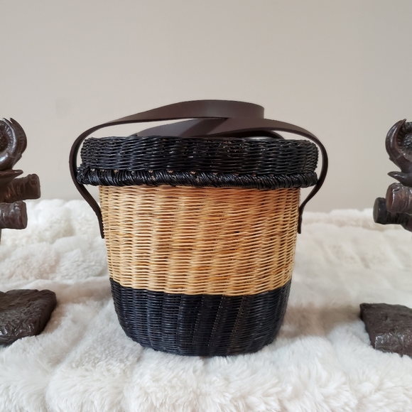 SOPHIE ANDERSON STRAW PURSE HANDBAG BLACK TAN BROWN LEATHER 2 STRAPS NWOT MEDIUM - Picture 6 of 14